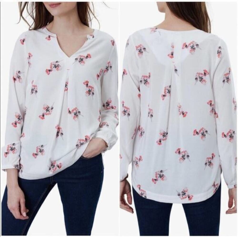 Joules Women's Split Neck‎ Floral Curved Hem Blouse White Pink Size 8